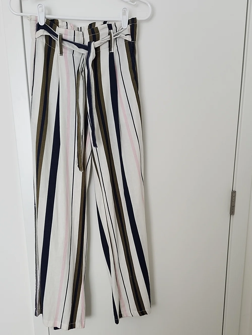 Rewash Striped Paperbag-Waist Wide Leg Pants in White, Navy, Olive & Pink